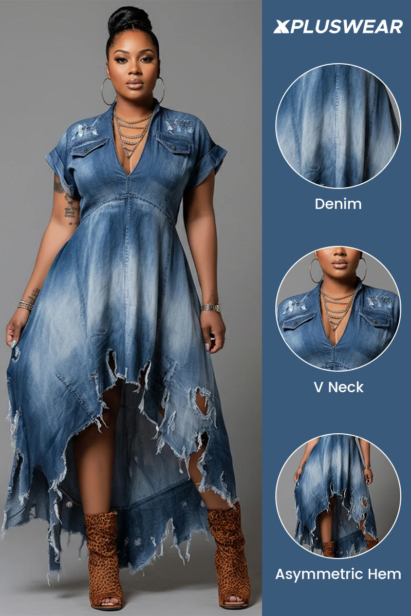 Xpluswear Design Plus Size Party Blue V Neck Short Sleeve Ripped Asymmetric Hem Denim Midi Dresses [Pre-Order]