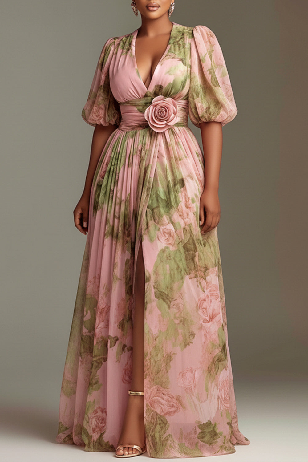 Xpluswear Design Plus Size Wedding Guest Peach Floral V Neck Puff Sleeve Short Sleeve 3D Split Chiffon Maxi Dresses [Pre-Order]