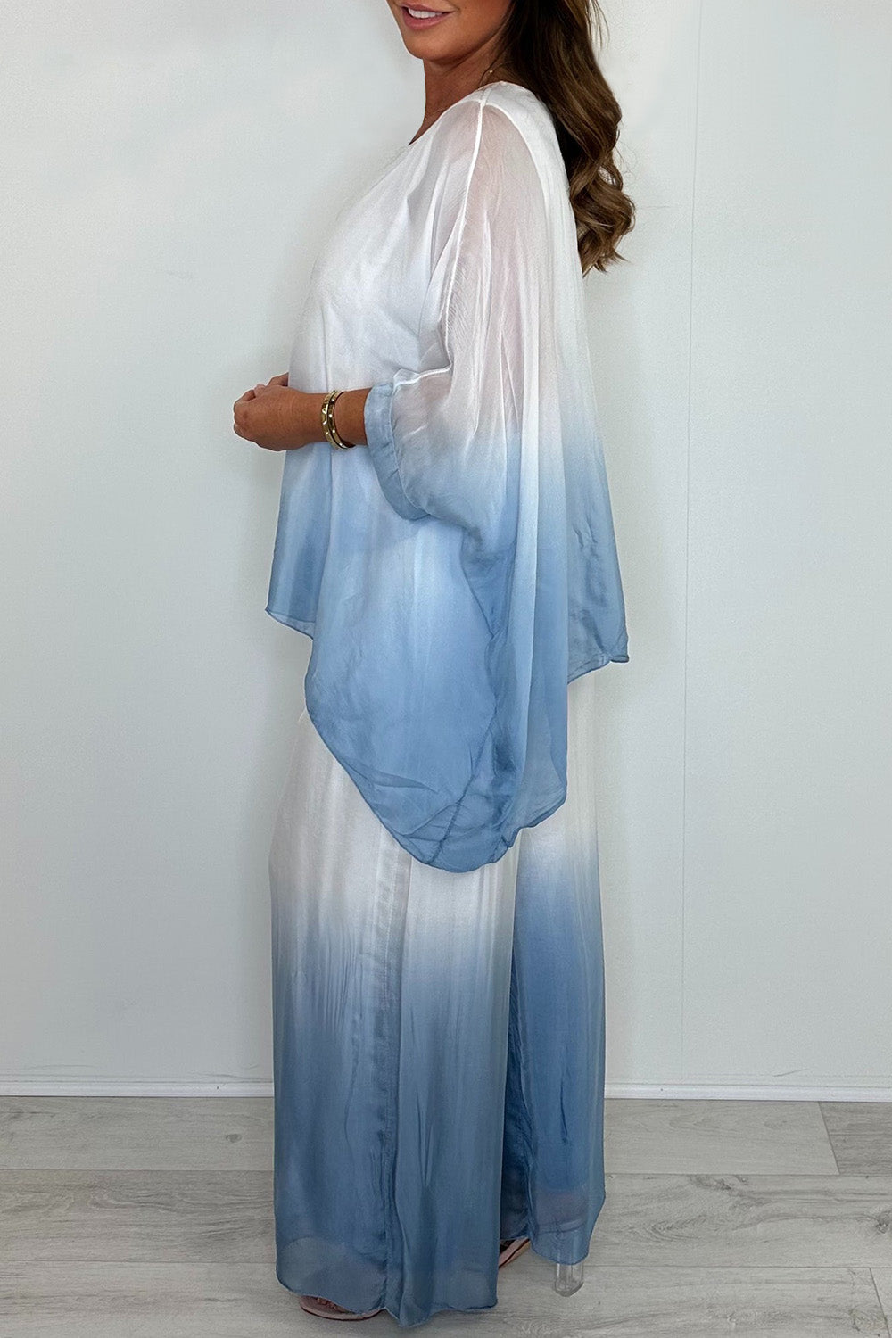 Plus Size Vacation Pink Casual Gradient Round Neck Long Sleeve See Through Two Piece Pant Sets