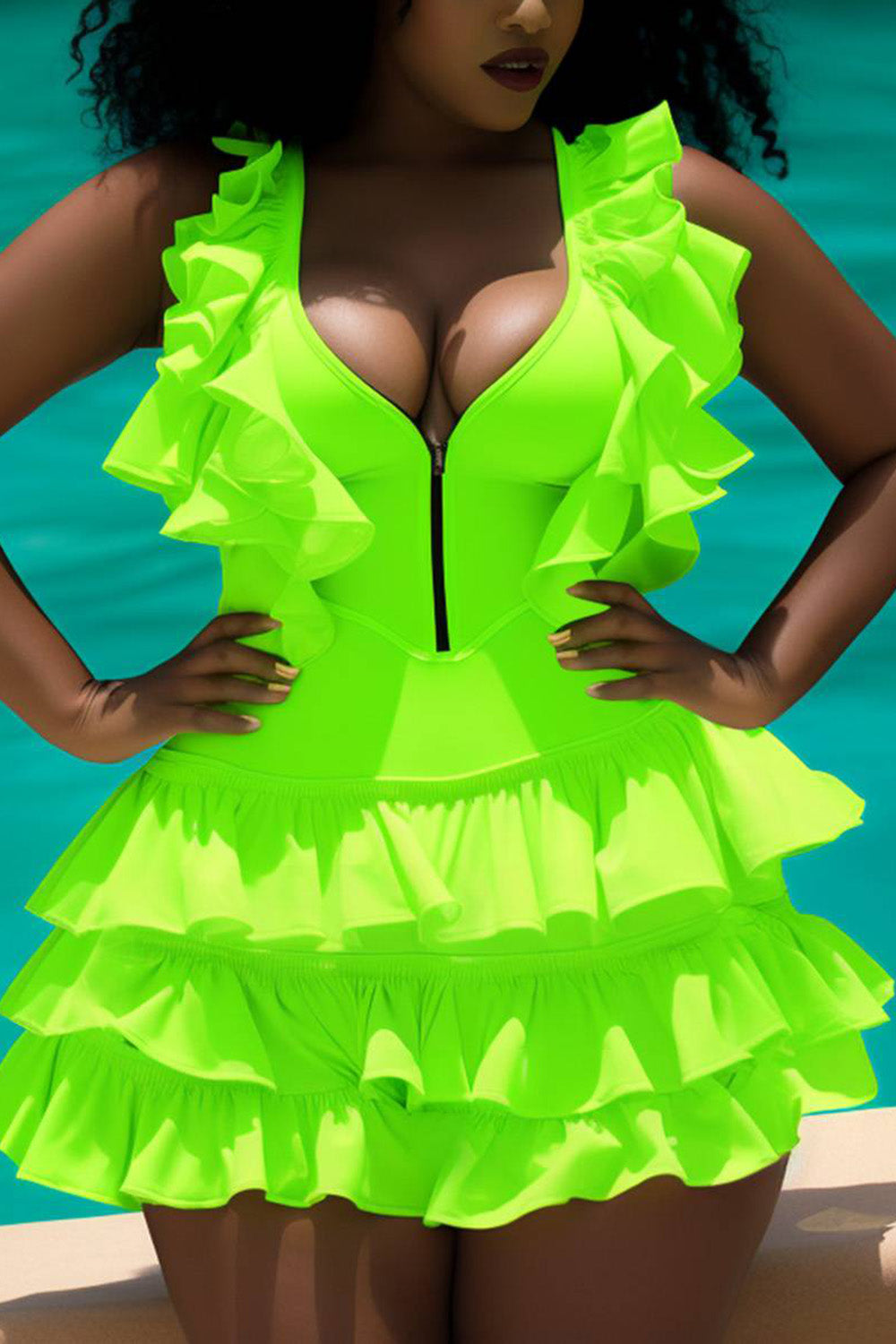 Xpluswear Design Plus Size Vacation Lime Green V Neck Zipper Tiered Swimsuit Fabric Swimwear Dress With Panty