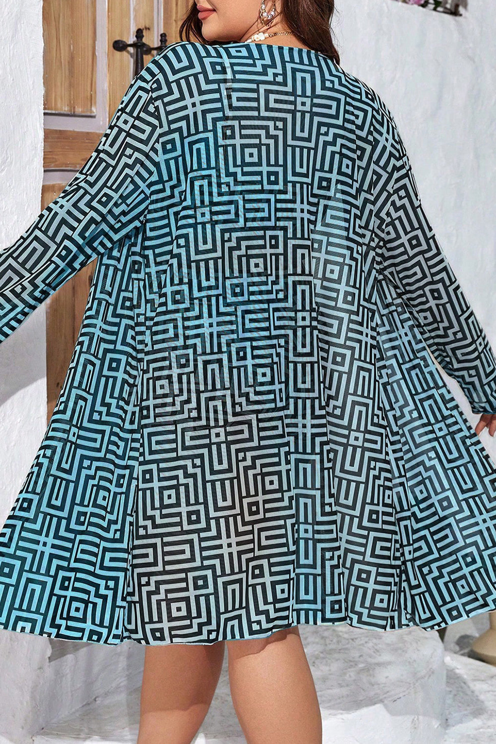 Plus Size Vacation Black Geometric Print Long Sleeve Three Pieces Swimsuit Cover Ups Set
