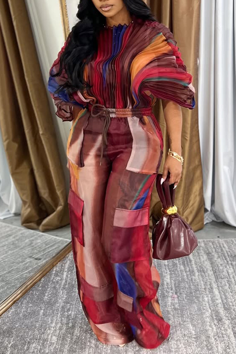 Plus Size Daily Hot Pink Gradient Round Neck Batwing Sleeve Half Sleeve Cargo Pleated Two Piece Pant Sets