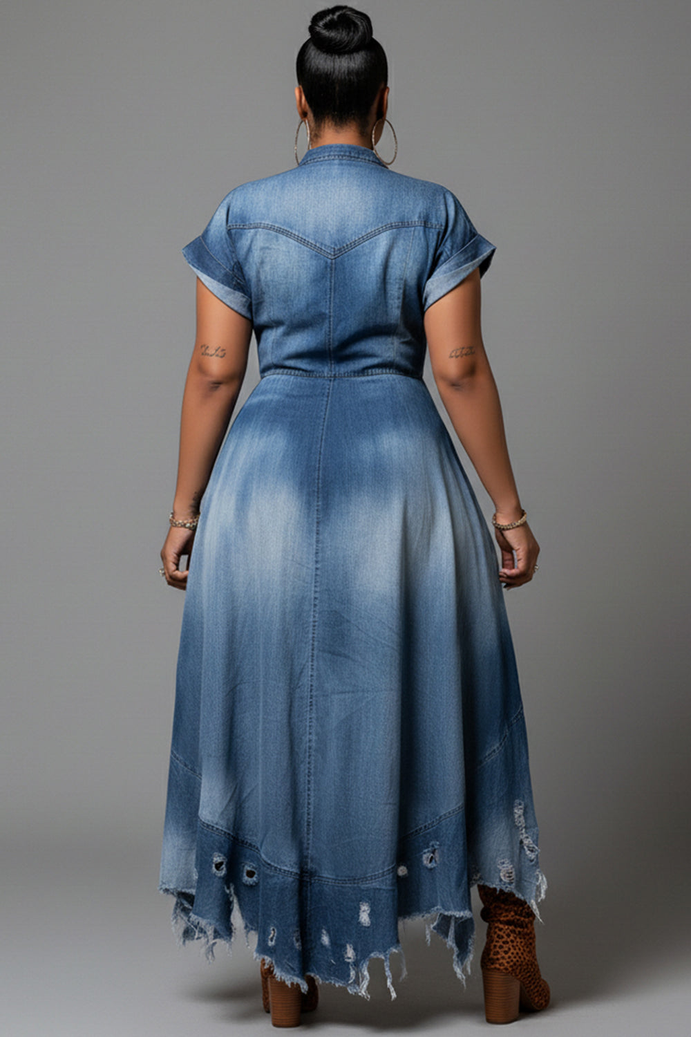 Xpluswear Design Plus Size Party Blue V Neck Short Sleeve Ripped Asymmetric Hem Denim Midi Dresses [Pre-Order]