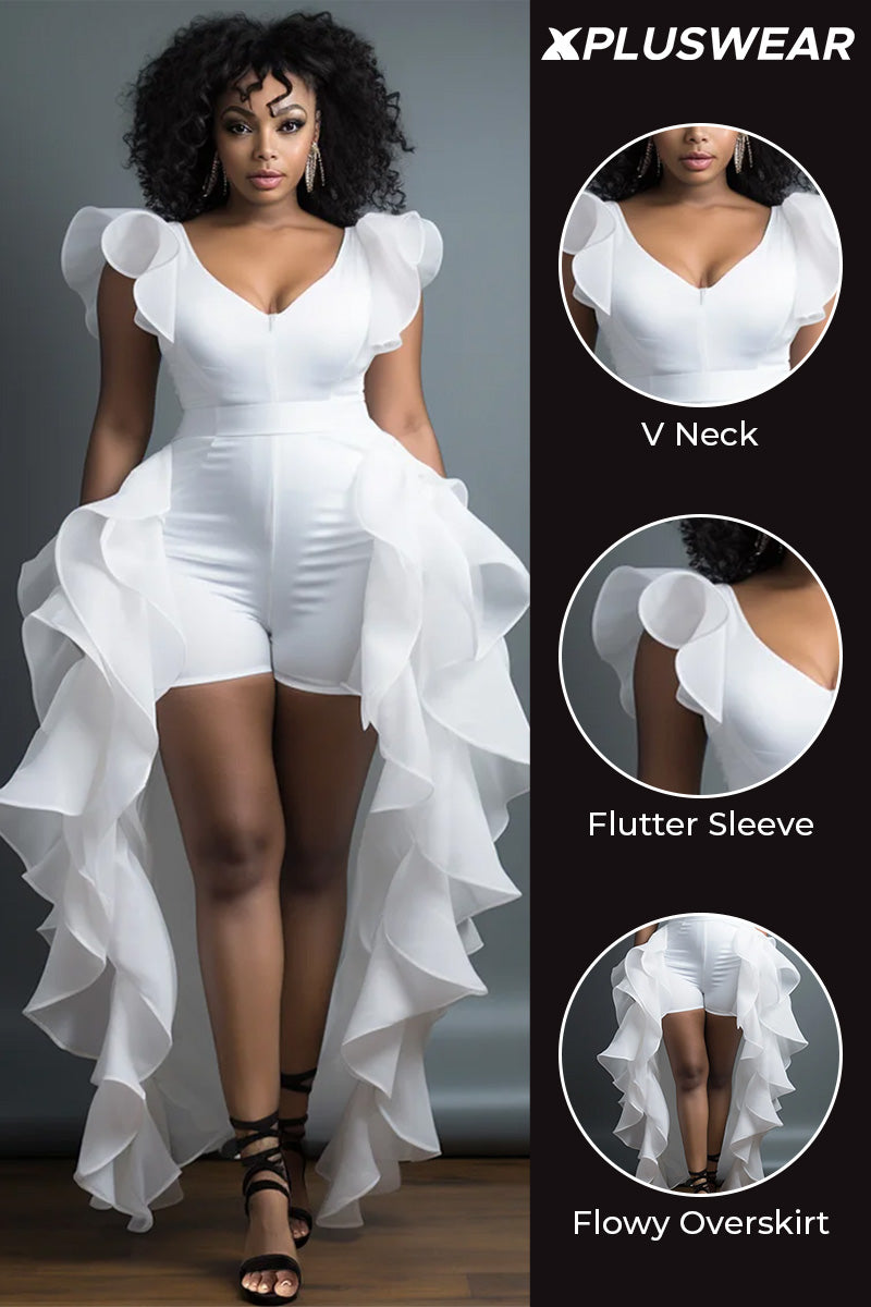 Xpluswear Design Plus Size Daily White Elegant V Neck Short Sleeve With Skirt Overlay Contrast Rompers