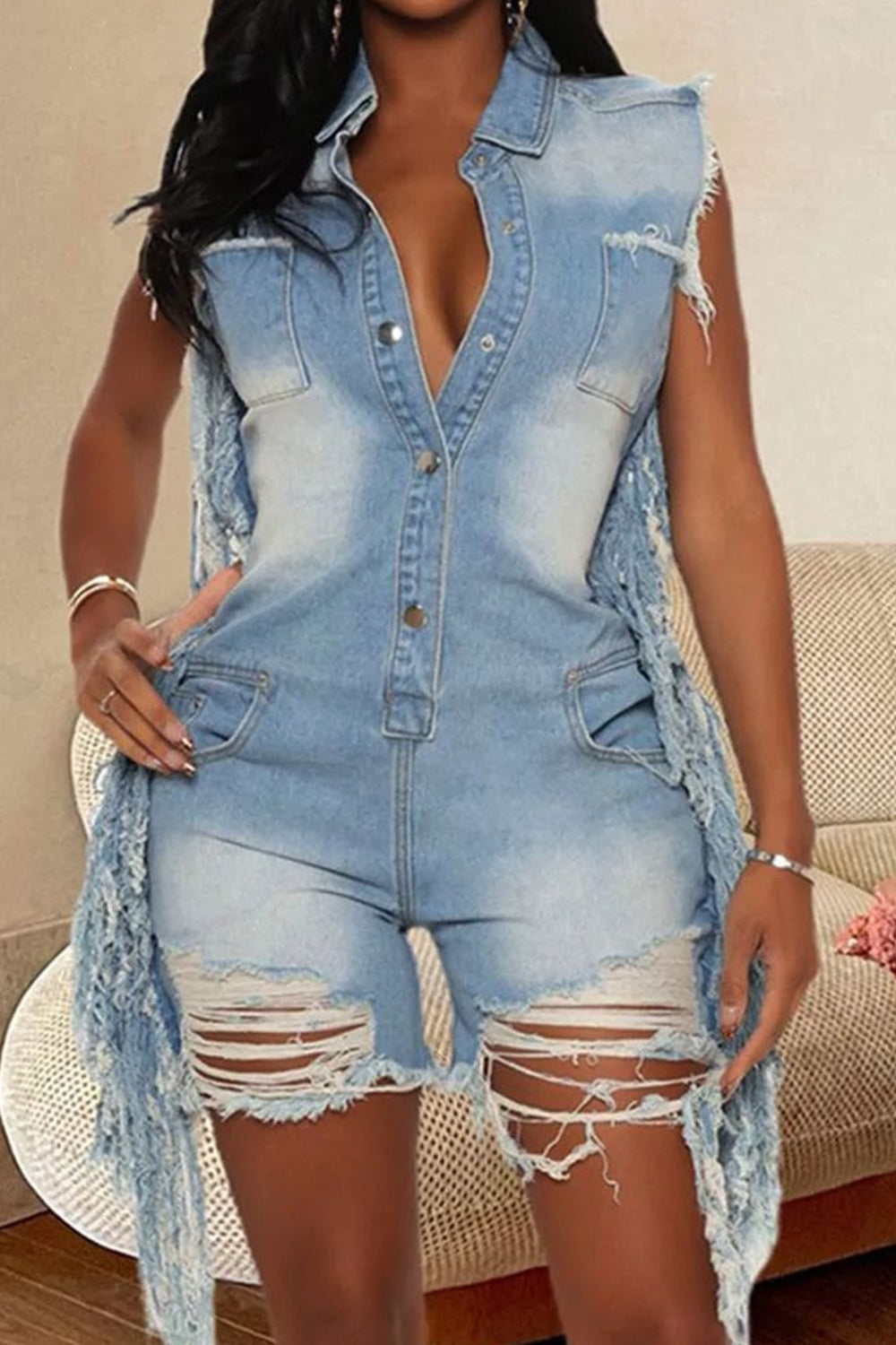 Plus Size Daily Blue Shirt Collar Strappy Distressed Denim Rompers