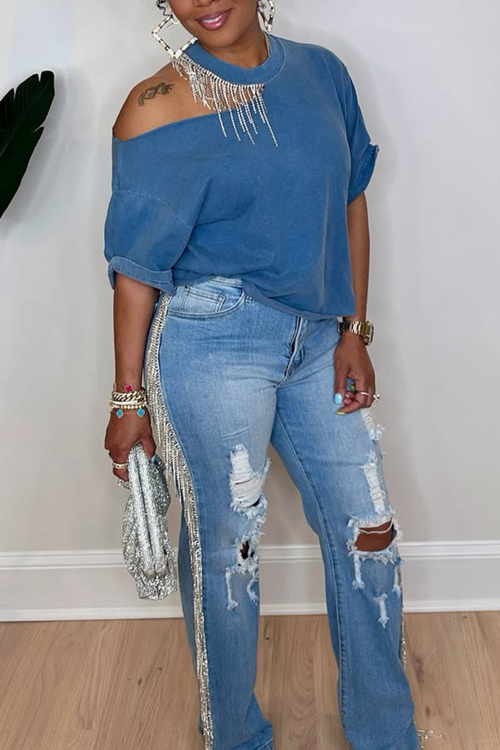 Plus Size Daily Blue Casual Round Neck Short Sleeve Cut Out Strappy T-Shirts