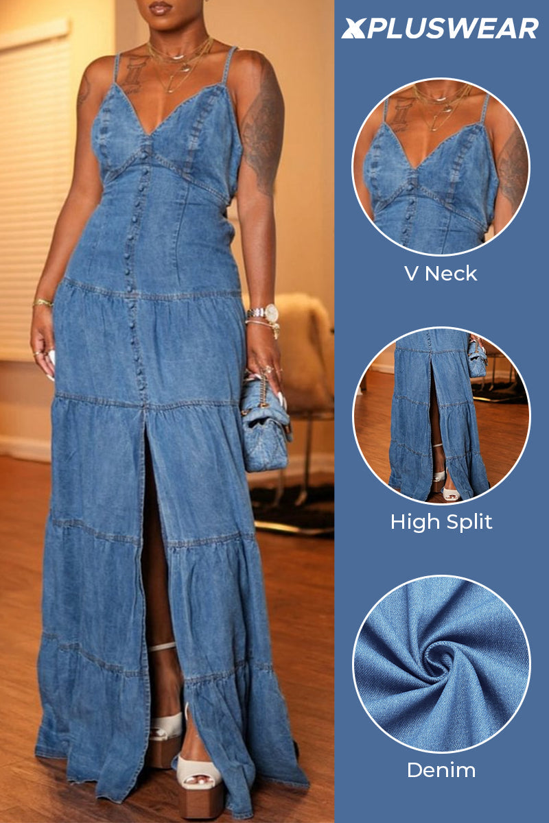Plus Size Vacation Blue Sundress V Neck Split Button Denim Maxi Dresses