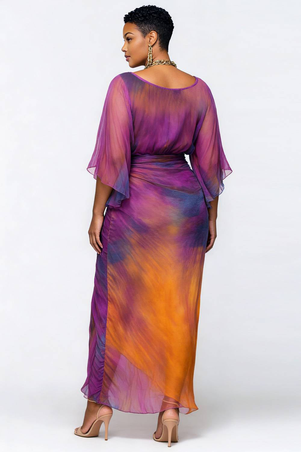 Xpluswear Design Plus Size Cocktail Party Purple Tie Dye Round Neck Flare 3/4 Sleeve Ruched Chiffon Maxi Dresses [Pre-Order]