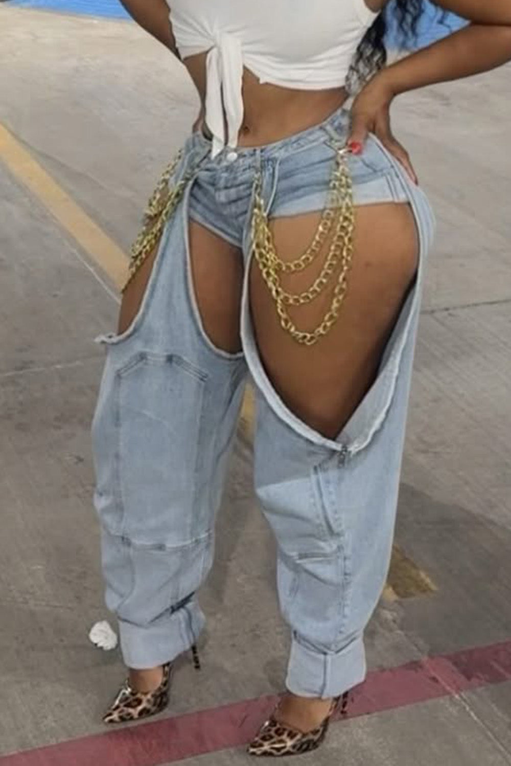 Plus Size Party Blue Casual Cut Out Denim Jeans