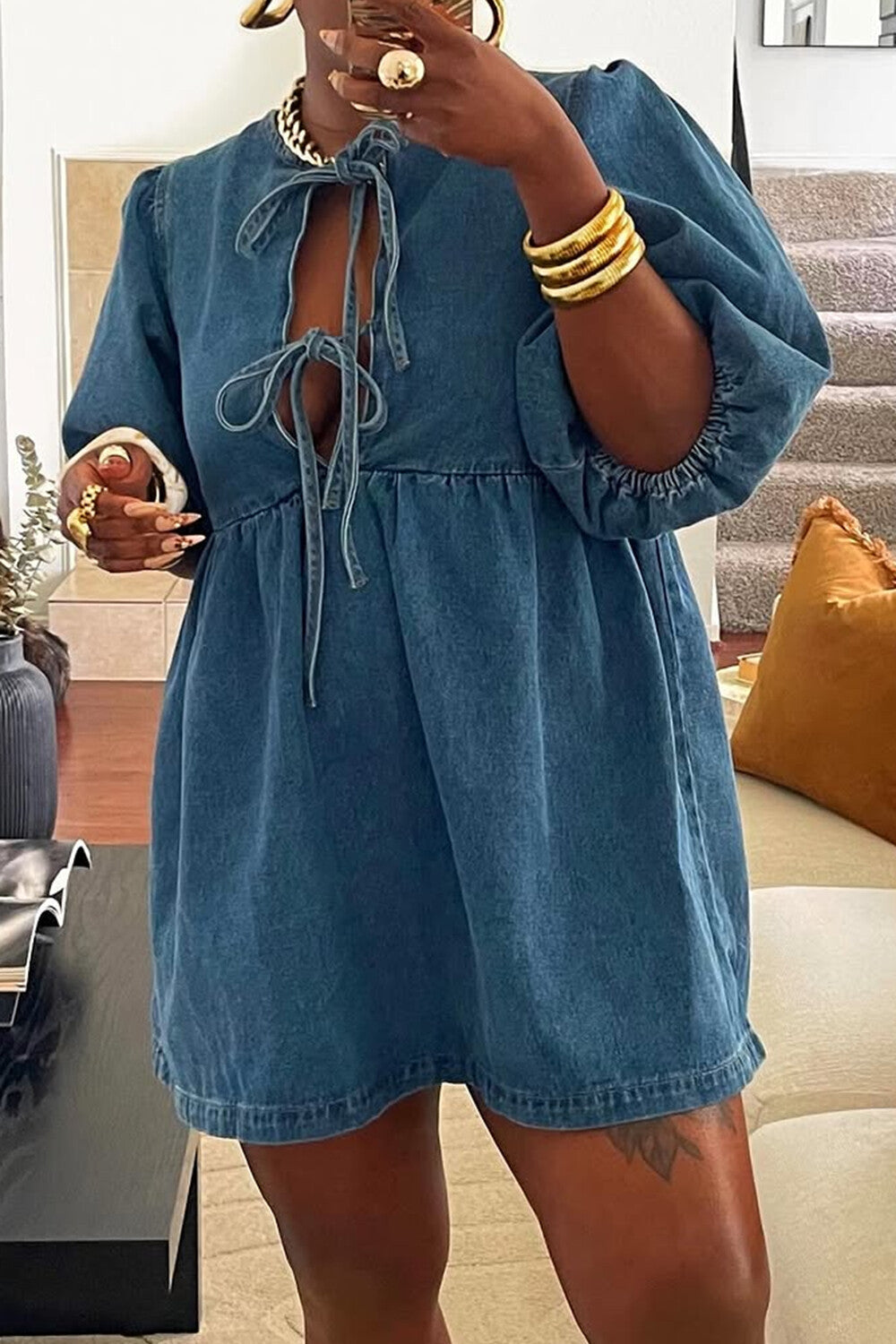 Plus Size Daily Blue Round Neck Puff Sleeve Half Sleeve Bow Tie Denim Mini Dresses