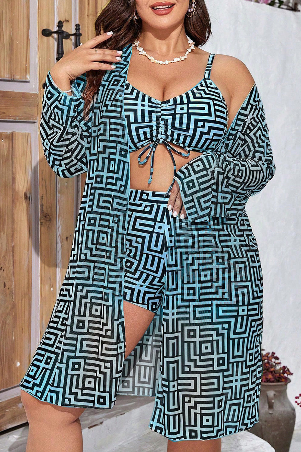 Plus Size Vacation Black Geometric Print Long Sleeve Three Pieces Swimsuit Cover Ups Set
