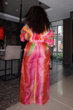 Plus Size Daily Hot Pink Gradient Round Neck Batwing Sleeve Half Sleeve Cargo Pleated Two Piece Pant Sets