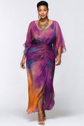Xpluswear Design Plus Size Cocktail Party Purple Tie Dye Round Neck Flare 3/4 Sleeve Ruched Chiffon Maxi Dresses [Pre-Order]