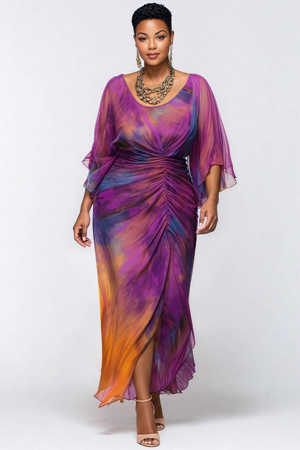 Xpluswear Design Plus Size Cocktail Party Purple Tie Dye Round Neck Flare 3/4 Sleeve Ruched Chiffon Maxi Dresses [Pre-Order]