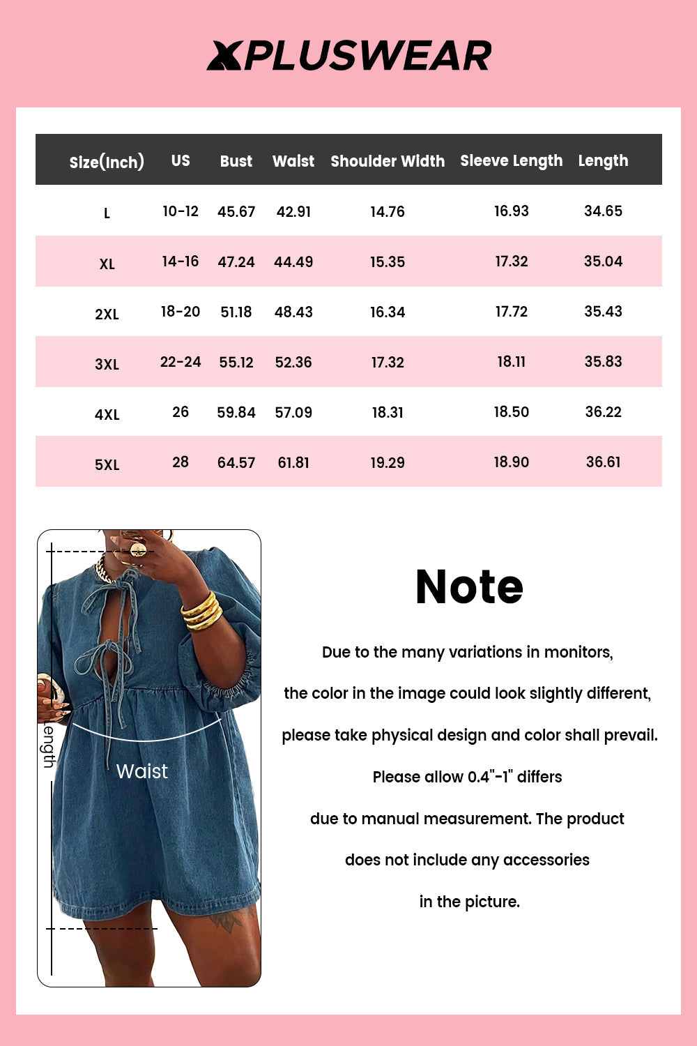 Plus Size Daily Blue Round Neck Puff Sleeve Half Sleeve Bow Tie Denim Mini Dresses