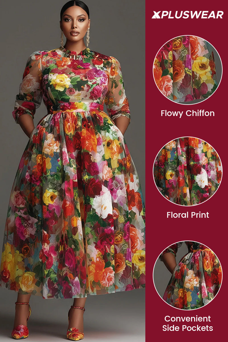 Xpluswear Design Plus Size Cocktail Party Multicolor Floral Round Neck Long Sleeve Pocket Chiffon Midi Dresses [Pre-Order]