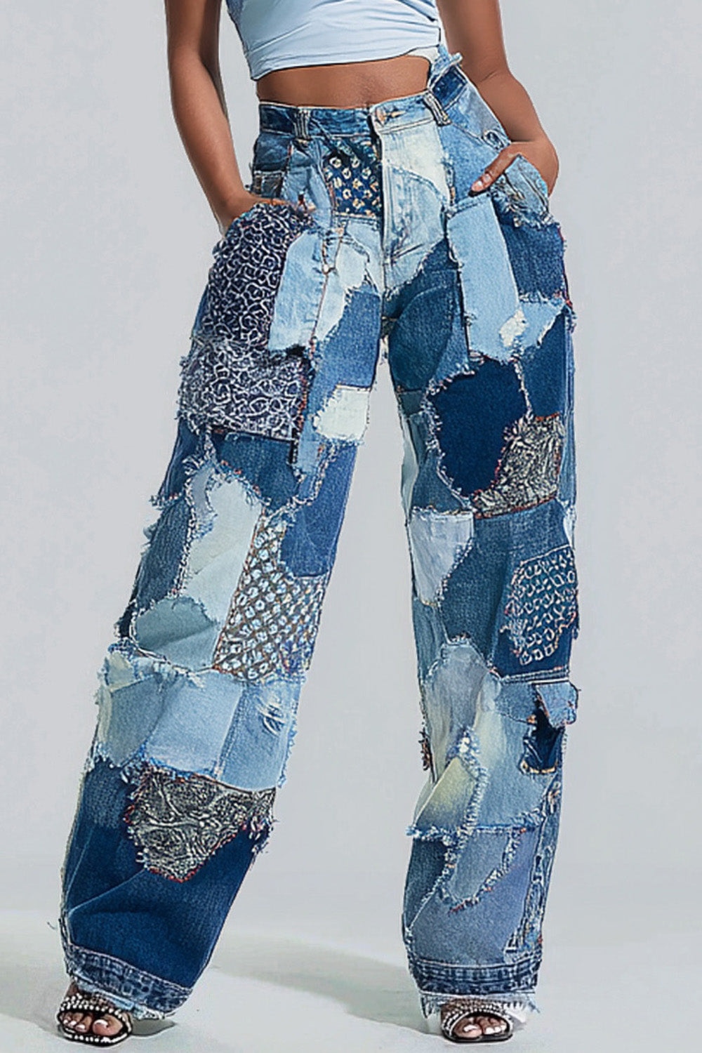 Xpluswear Design Plus Size Daily Blue Colorblock Pocket Casual Denim Jeans