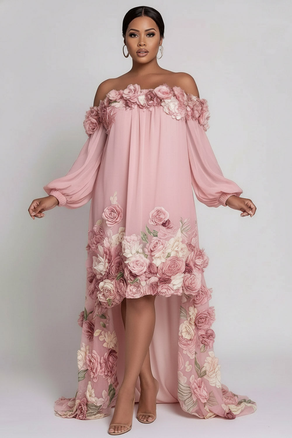 Xpluswear Design Plus Size Wedding Guest Pink Floral Off The Shoulder Long Sleeve High Low Hem 3D Chiffon Midi Dresses [Pre-Order]