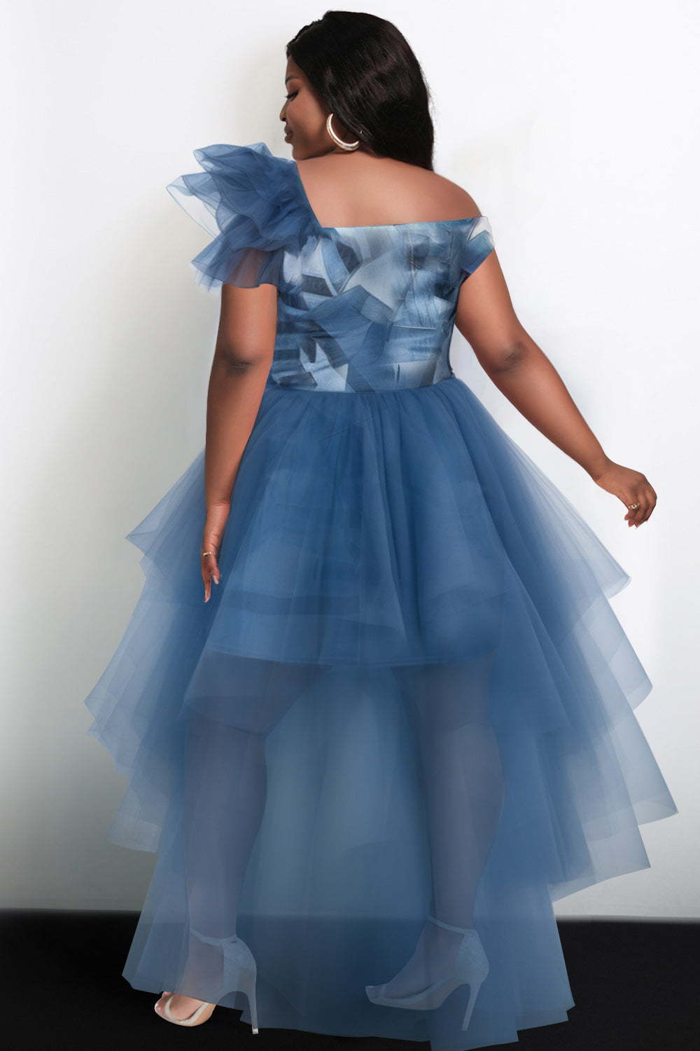 Xpluswear Design Plus Size Cocktail Party Blue Elegant Denim Print Asymmetrical Collar Flutter Sleeve With Skirt Overlay High Low Hem Tulle Mini Dresses