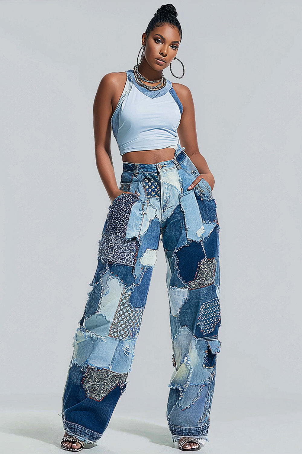 Xpluswear Design Plus Size Daily Blue Colorblock Pocket Casual Denim Jeans